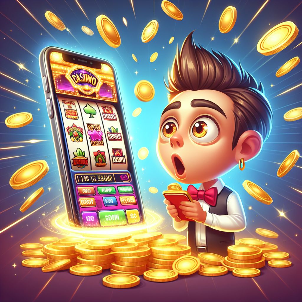 Bat666 App cartoon character holding smartphone with casino games displayed