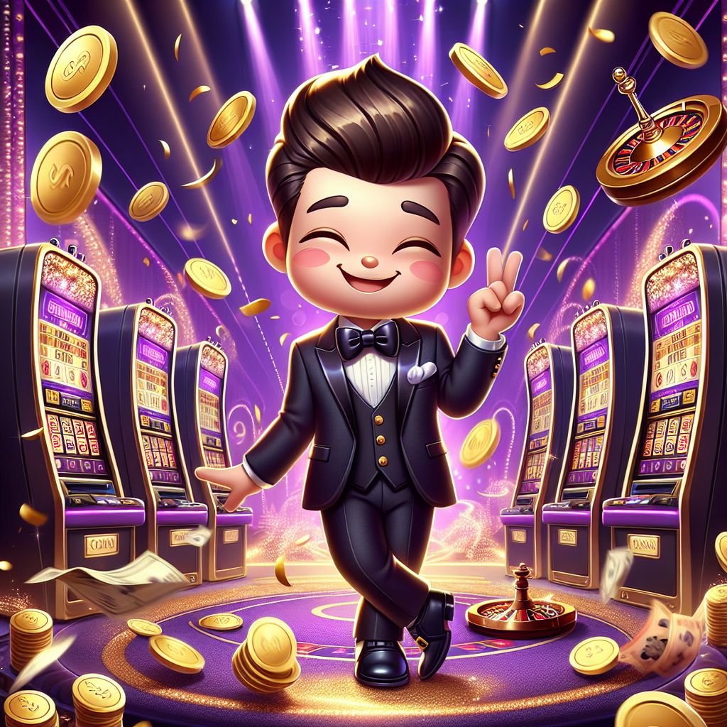 Bat666 Casino themed character surrounded by slot machines and golden coins